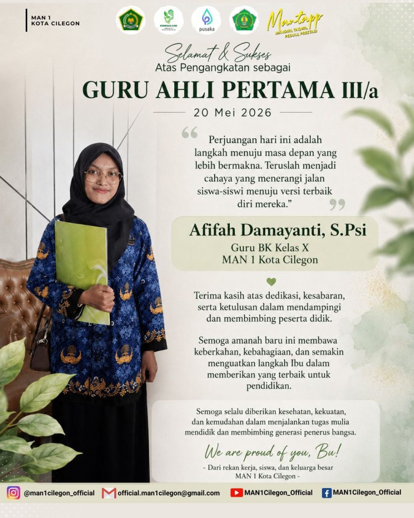 Selamat dan Sukses atas Pengangkatan Ibu Afifah Damayanti, S.Psi sebagai Guru Ahli Pertama III/a