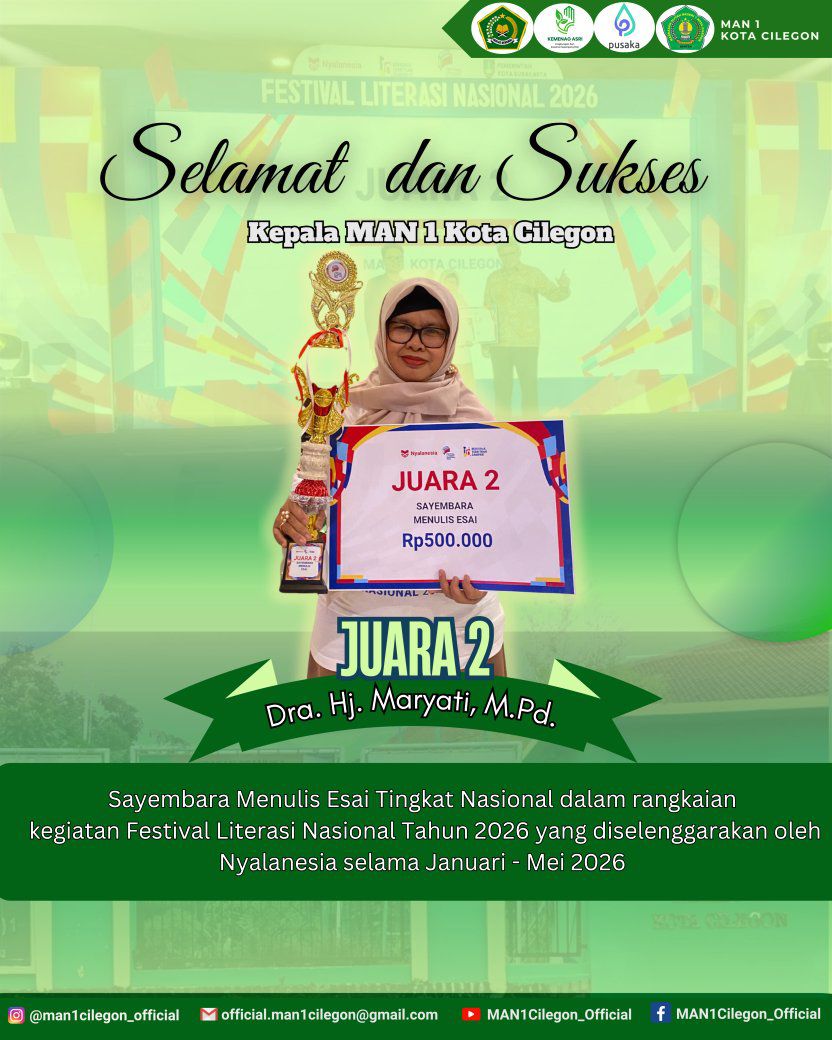 Kepala MAN 1 Kota Cilegon Raih Juara 2 Sayembara Menulis Esai Tingkat Nasional pada Festival Literasi Nasional 2026