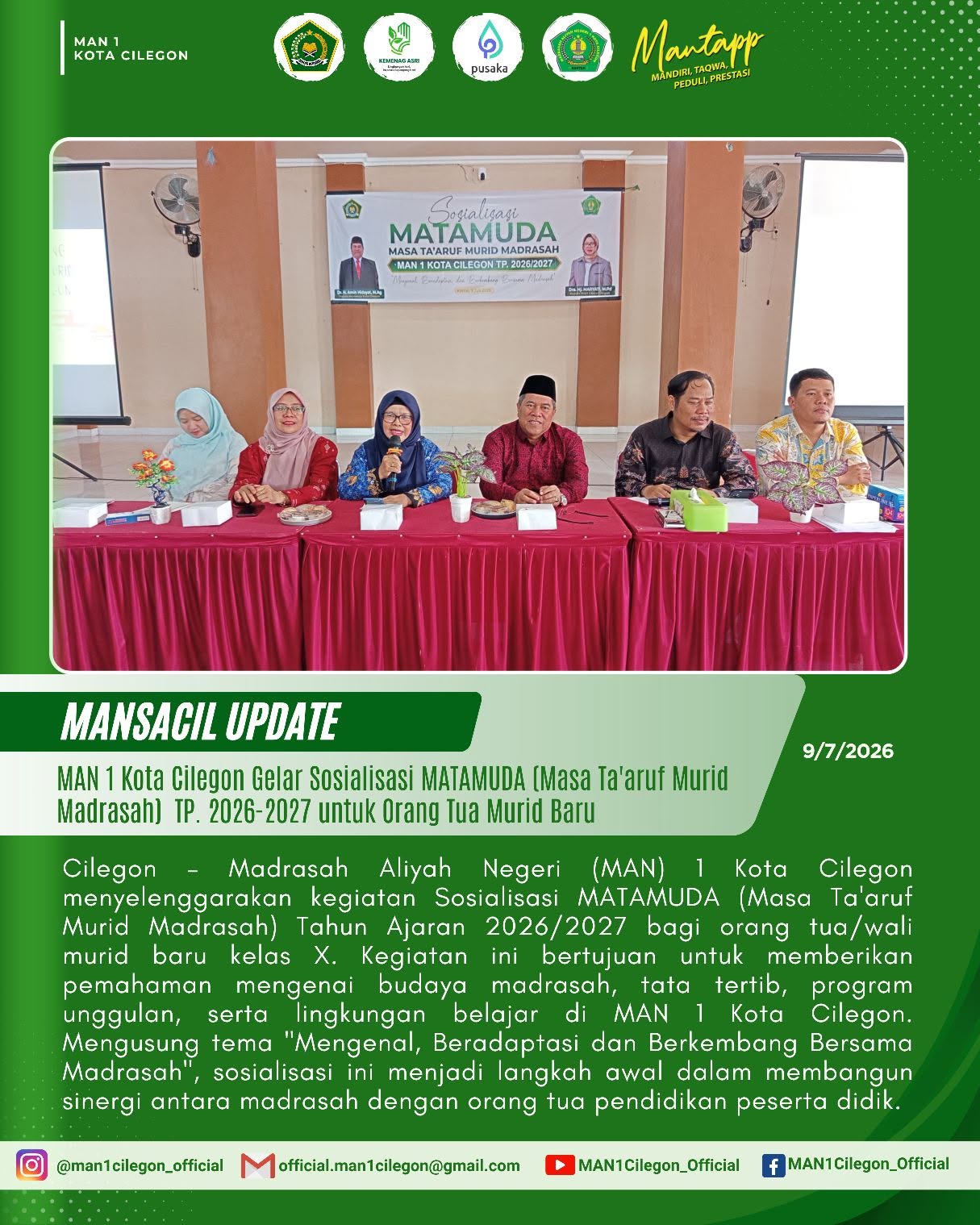 Bangun Sinergi Sejak Dini, MAN 1 Kota Cilegon Gelar Sosialisasi MATAMUDA 2026 untuk Orang Tua Murid Baru
