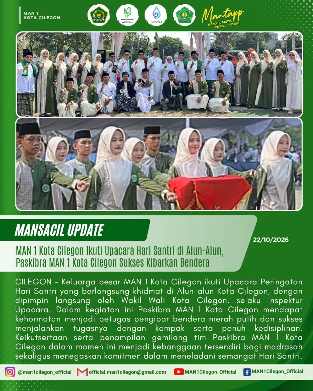 Sukses Kibarkan Bendera di Alun-Alun Cilegon, Paskibra MAN 1 Kota Cilegon Harumkan Nama Madrasah di Upacara Hari Santri 2026
