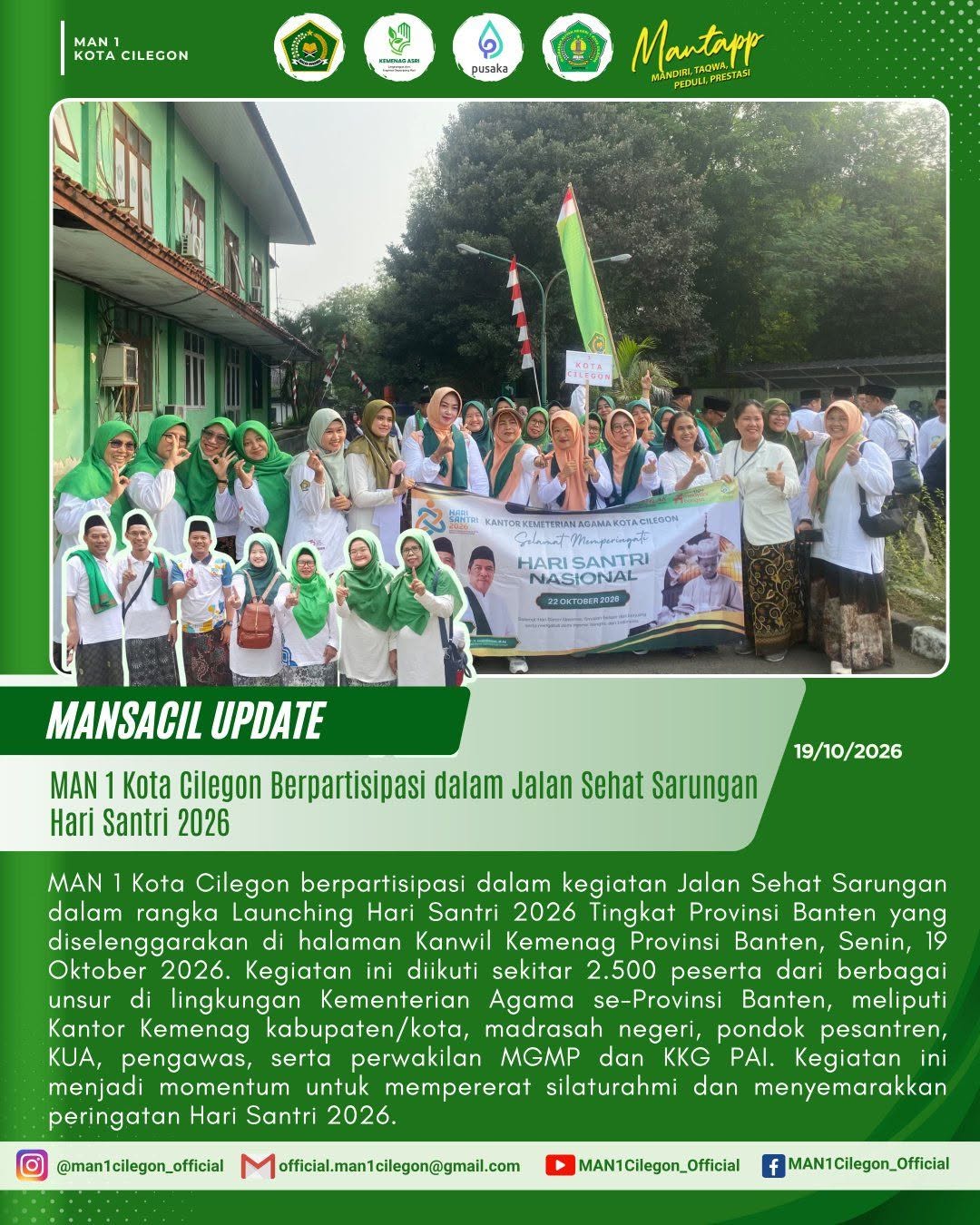 Semarakkan Hari Santri 2026, MAN 1 Kota Cilegon Ikuti Jalan Sehat Sarungan di Kanwil Kemenag Banten