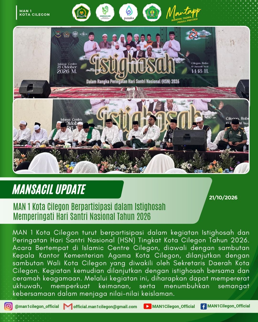 Peringati Hari Santri Nasional 2026, MAN 1 Kota Cilegon Ikuti Istighosah di Islamic Centre